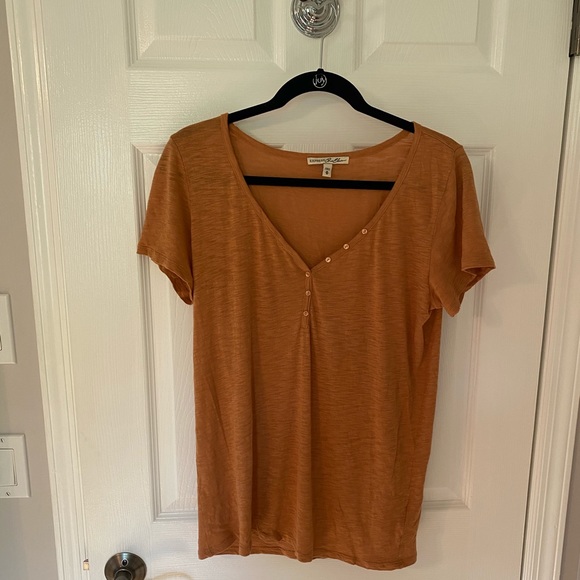 Express Orange Short Sleeve Button Top - Picture 1 of 4